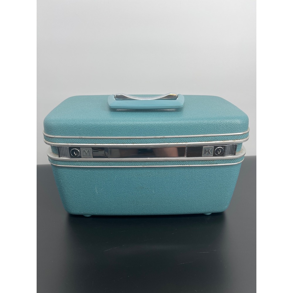 Samsonite Silhouette Train Case Hard Shell Teal Blue Vintage MCM Travel Vanity